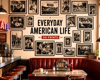 Vintage Americana Photos Set, 50 Black White Diner Wall Art (Digital Download)