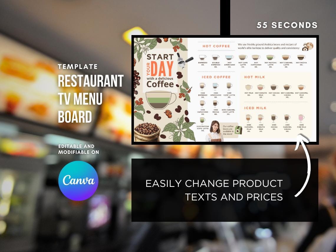 Animated Coffee Shop TV Menu Board Canva Template (16:9 Digital Display ...