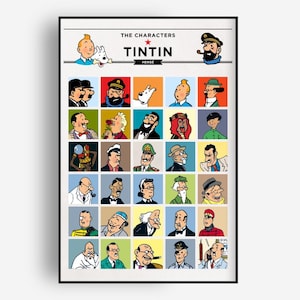 Pobierz plakat z postaciami Tintina | Wydrukuj komiksową grafikę ścienną | Dekoracja w stylu vintage z kreskówek | 5 rozmiarów w zestawie | Cyfrowy plakat Tintina