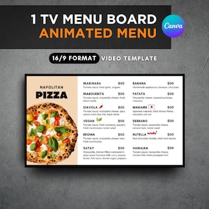 TV Menu Board Canva Template, Digital Restaurant Menu, Animated Menu 16:9, Editable Food Display for Cafe, Pizzeria, Takeaway
