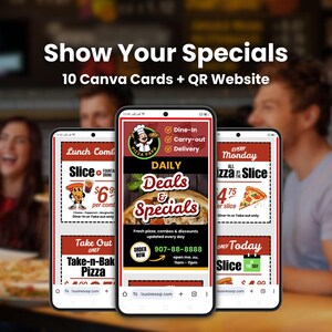 QR Deals Page Template, Canva Pizza Specials, Editable Mobile Menu
