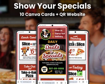 QR Deals Page Template, Canva Pizza Specials, Editable Mobile Menu