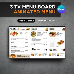 3 Animated TV Menu Boards Canva Template, Digital Restaurant Menu 16:9, Editable Food Display for Cafe, Pizzeria, Takeaway