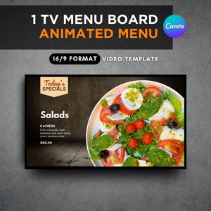 Restaurant TV Menu Board Template – 16:9 Digital Signage for Burgers, Salads, Drinks & Specials – Editable Canva Design