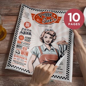 Plantilla de menú de restaurante retro de los años 50: 10 páginas en formato carta estadounidense editables en Canva. Diseño vintage para restaurante americano. Descarga instantánea.