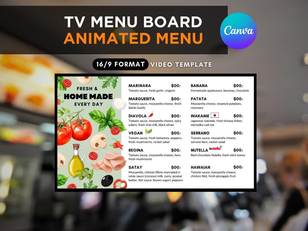 Tablero de menú de pizza Menú animado de TV 16/9, editable en Canva ...