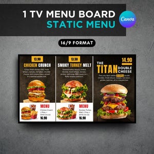 Statische TV-Menükarte Vorlage Bearbeitbarer digitaler Menübildschirm Canva-Vorlage für Restaurant Cafe Burger Bar Fast Food zum Mitnehmen Diner