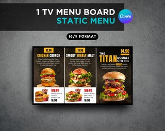 Burger Restaurant TV Menu Board Template, Editable Digital Sign (Canva)