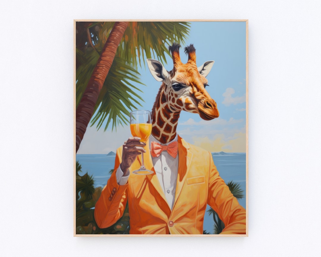 Giraffe Cocktail Print Giraffe on the Beach Print Retro Bar Cart Wall