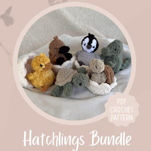 Puede incluir: Un conjunto de seis pequeñas crías de animales tejidas a ganchillo, incluyendo un pollito amarillo, un ornitorrinco marrón, un pingüino blanco y negro, un cocodrilo verde y dos tortugas, algunas saliendo de cascarones blancos. Texto: PDF CROCHET PATTERN Hatchlings Bundle.