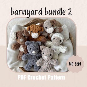 May include: A collection of handmade crochet barnyard animal plushies, including a dog, cow, sheep, and bear. The toys are in various shades of brown, gray, and white, and are displayed in a basket. The text "barnyard bundle 2" and "PDF Crochet Pattern" are also visible.