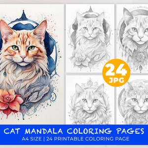 Cat mandala coloring page Instant Download Mandala Colouring Page Adult Coloring Pages Printable Pages Stress Relief Kid Coloring Book Page