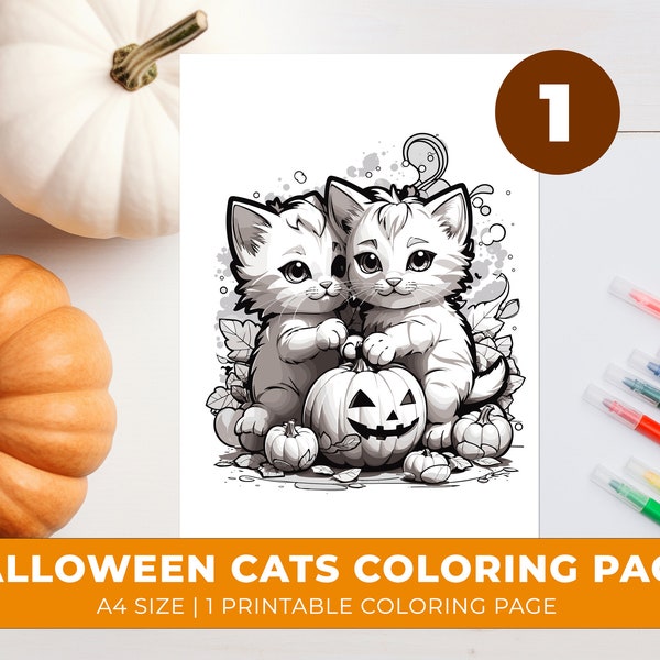 Cute Halloween cats coloring page instant download printable coloring pages for adults coloring page for kids cat pumpkin