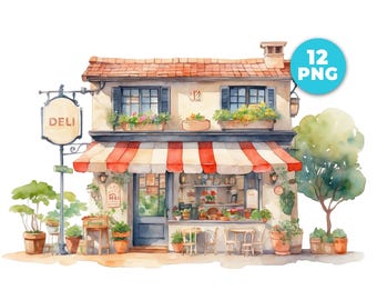 12 French Cafe Clipart Deli Digital Clipart PNG Instant Download Watercolor Art PNG Graphics Cafe Illustration Printable Coffeeshop