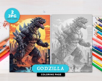 Godzilla Coloring Page Instant Download Grayscale Coloring Adults coloring Pages Kids Coloring Pages Japanese Monster Colouring Book