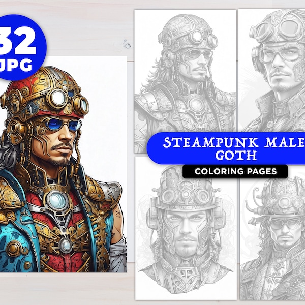 Steampunk Male Goth Coloring Pages Instant Download Grayscale Coloring Adults coloring Pages Kids Coloring Pages Japanese Coloring Book