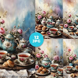 12 English Tea and Scones Watercolour Clipart Vintage Tea Party Clip Art Vintage Tea Set Scones Scrapbooking Printable Art Digital Download