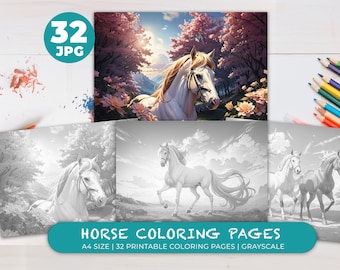Horse Coloring Pages for Kids and Adults Digital Download Instant Download Printable Grayscale Coloring Book Printable Animal Coloring Sheet
