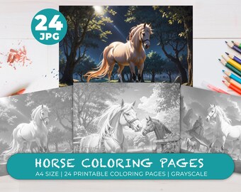 Horse Coloring Pages for Kids and Adults Digital Download Instant Download Printable Grayscale Coloring Book Printable Animal Coloring Sheet