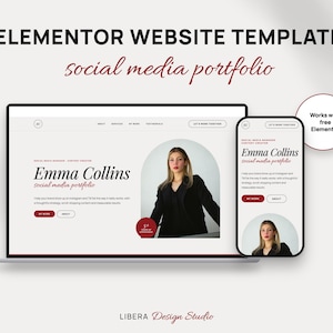 Könnte beinhalten: Eine Elementor-Website-Vorlage für ein Social-Media-Portfolio, dargestellt auf einem Laptop- und Smartphone-Bildschirm. Das Design umfasst einen weißen Hintergrund, dunkelrote Akzente und den Text Emma Collins social media portfolio.