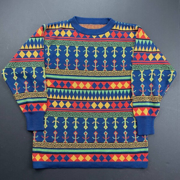 Vintage 90s Orange Blue Geometric Aztec Patterned Knitted Jumper S M