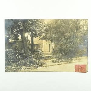 Antica foto francese di casa e alberi 1800 Francia Fotografia d'epoca in bianco e nero Foto da collezione Cartolina francese con francobollo