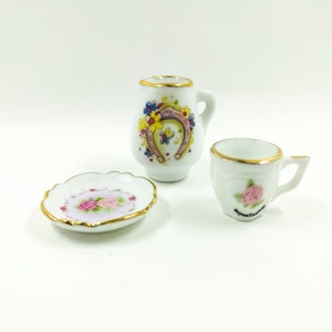 Vintage Miniature Porcelain Tea Set Vintage Doll Porcelain Tea Set 1970s France French Vintage 3 PCS Tea Set Collectibles Floral Tea Set