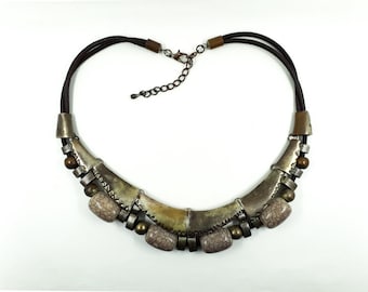 Vintage Bib Necklace Big Metal Elements Ceramic Beads Necklace 1970s France French Vintage Jewelry Vintage Statement Metal Link Necklace