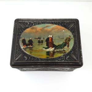 Antique Tin Box with Image Fishermen with Nets on the Beach Late 19th - Early 20th century France Vintage French Embossed Tin Box with Lock