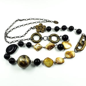 Vintage LBVYR Long Necklace Mother-of-pearl Bronze Black Beads Necklace Yves Rocher 1980s France French Vintage Jewelry Beaded Necklace