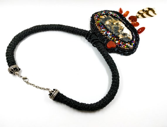 Vintage Artisan Necklace Carnelian Shell Beadwork… - image 6