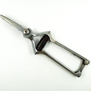 Op de afbeelding: Een vintage zilverkleurige druivenschaar met een gekarteld mes en een donkerbruin handvat. De schaar heeft een uniek ontwerp met een veermechanisme en een getextureerde grip. De tool is ontworpen voor het oogsten van druiven.
