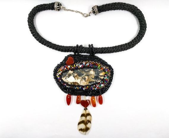 Vintage Artisan Necklace Carnelian Shell Beadwork Bib Statement Necklace 1980s France Vintage Jewelry French Black Colorful Pendant Necklace