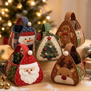 May include: Four quilted fabric baskets featuring holiday designs: a blue snowman, a green Christmas tree, a brown gingerbread person, a red Santa Claus, and a brown reindeer. Each basket has a single handle and a unique patchwork pattern.