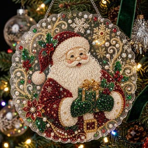 Puede incluir: Un adorno navideño circular con un Santa Claus de cuentas que sostiene un regalo verde. El diseño está adornado con cuentas rojas, verdes y doradas, perlas blancas y patrones de copos de nieve sobre un fondo transparente con borde festoneado.