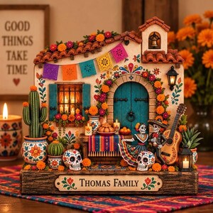 May include: A decorative house figurine featuring a teal door, a terracotta roof, and colorful papel picado banners. It includes two skeleton figures, a guitar, cacti in patterned pots, and a plaque at the base that reads "THOMAS FAMILY".