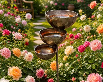 3 Tier Metal Bird Bath with Stake, Rain Catcher Garden Decor, Bird Water Feeder