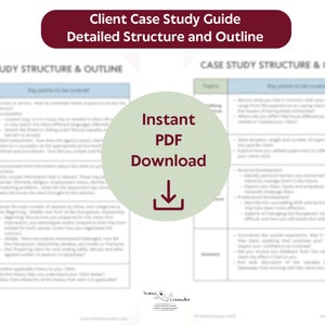 Puede incluir: Una guía para crear estudios de caso de clientes con una estructura y un esquema detallados. La guía incluye temas como la información de la agencia, los antecedentes del cliente, el viaje terapéutico, la aplicación de la teoría y el resumen. El texto "Descarga instantánea de PDF" se muestra en un círculo verde con una flecha hacia abajo.