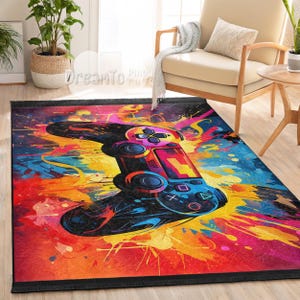 Vibrant Gaming Controller Area Rug-Colorful Abstract Accent Carpet-Pink Blue Yellow Gamer Throw Mat-Dynamic Digital Console Runner