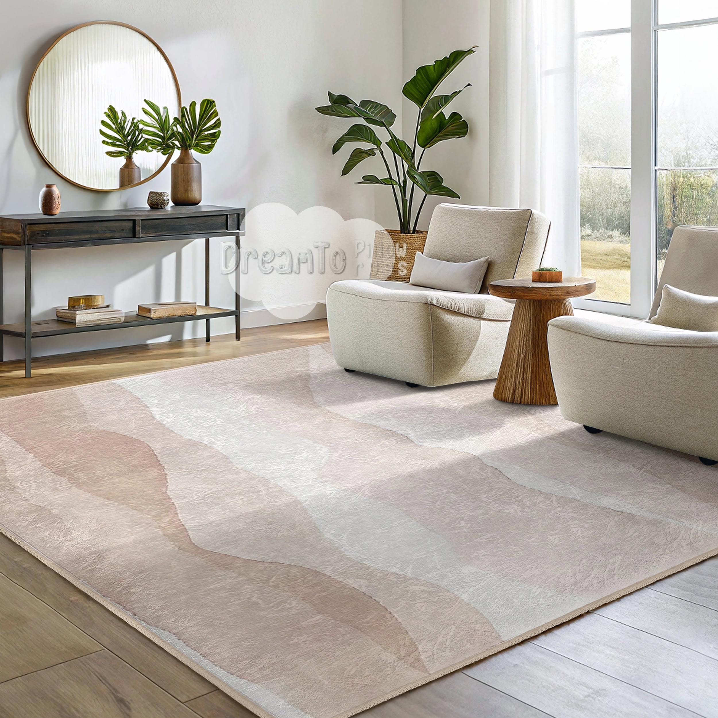 Abstract Wavy Beige Watercolor Area Rug-Neutral Taupe Minimalist Accent Carpet-Light Pink Modern Washable Rug-Elegant Aesthetic Home Mat