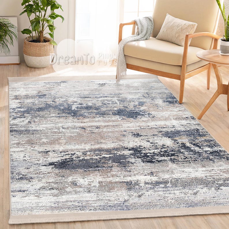 Abstract Blue Beige Area Rug- Watercolor Washed Look-navy Gray Stylish ...