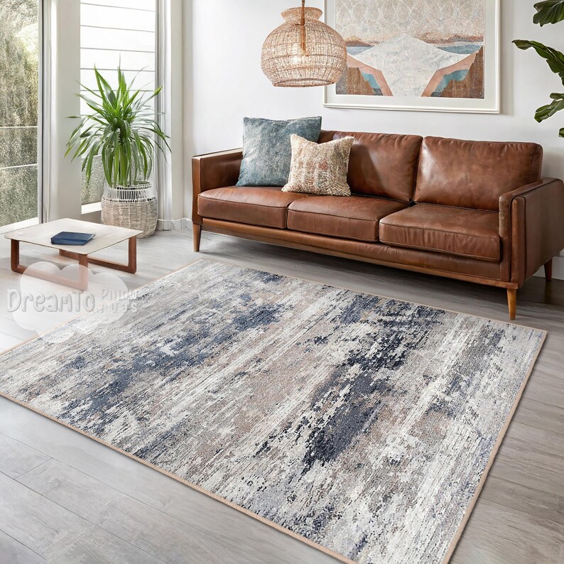 Abstract Blue Beige Area Rug- Watercolor Washed Look-navy Gray Stylish ...
