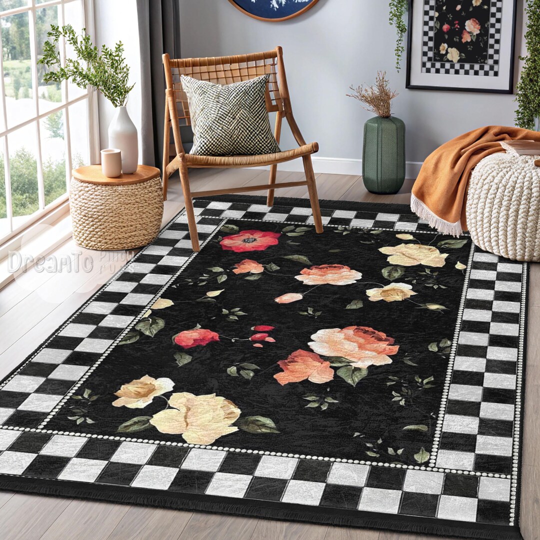 Black Checkered Floral Vintage Area Rug-elegant Roses Blooming Decor ...