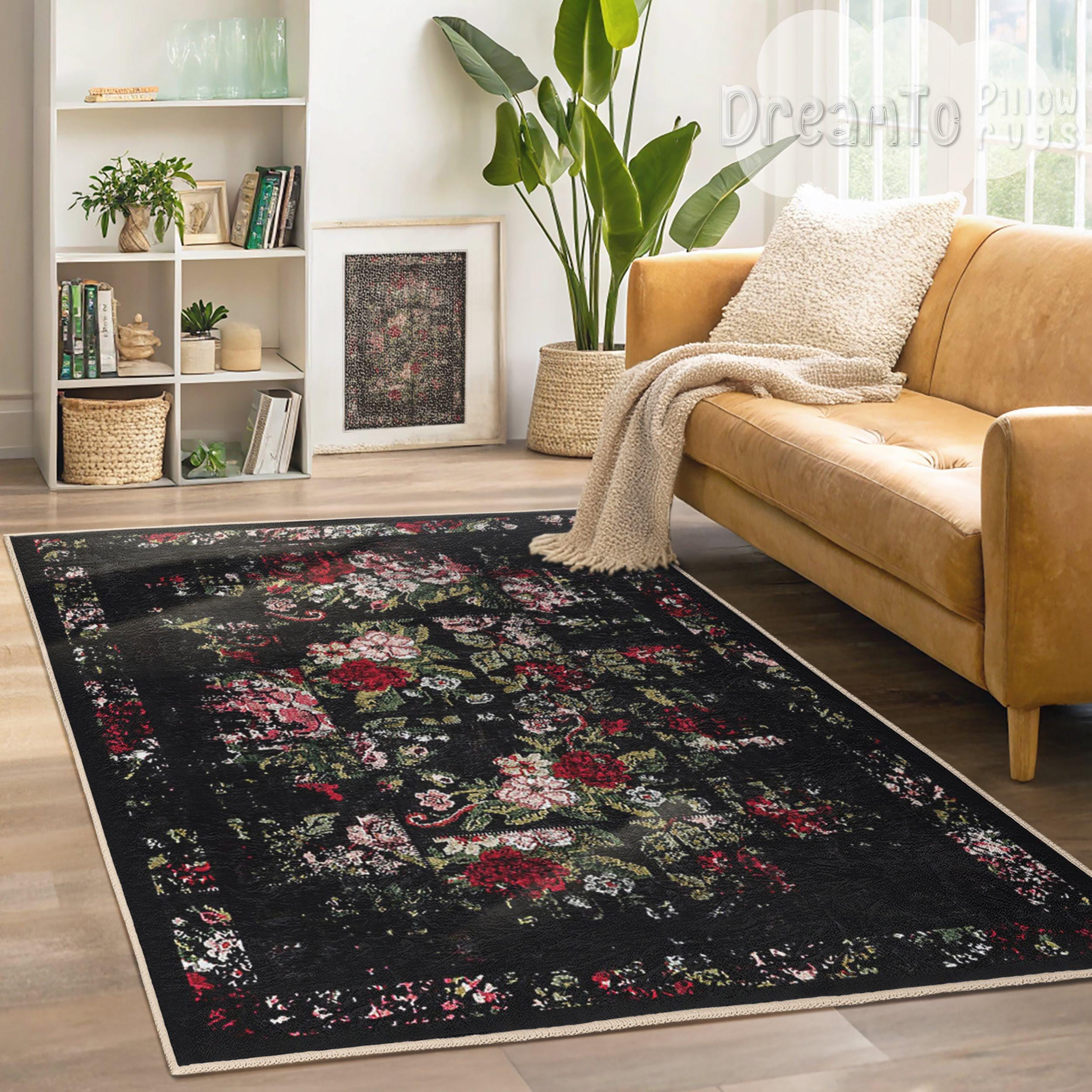 Floral Black Red Area Rug-Elegant Victorian Botanical Accent Carpet-Traditional Blooming Roses Rugs-Dramatic Dark Washable Mat