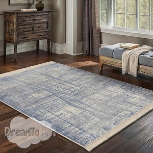 Abstract Blue Grid Area Rug-Vintage Textured Ivory Crosshatch Lines-Elegant Neutral Tones Washable Rug-Cool Geometric Contemporary Mat