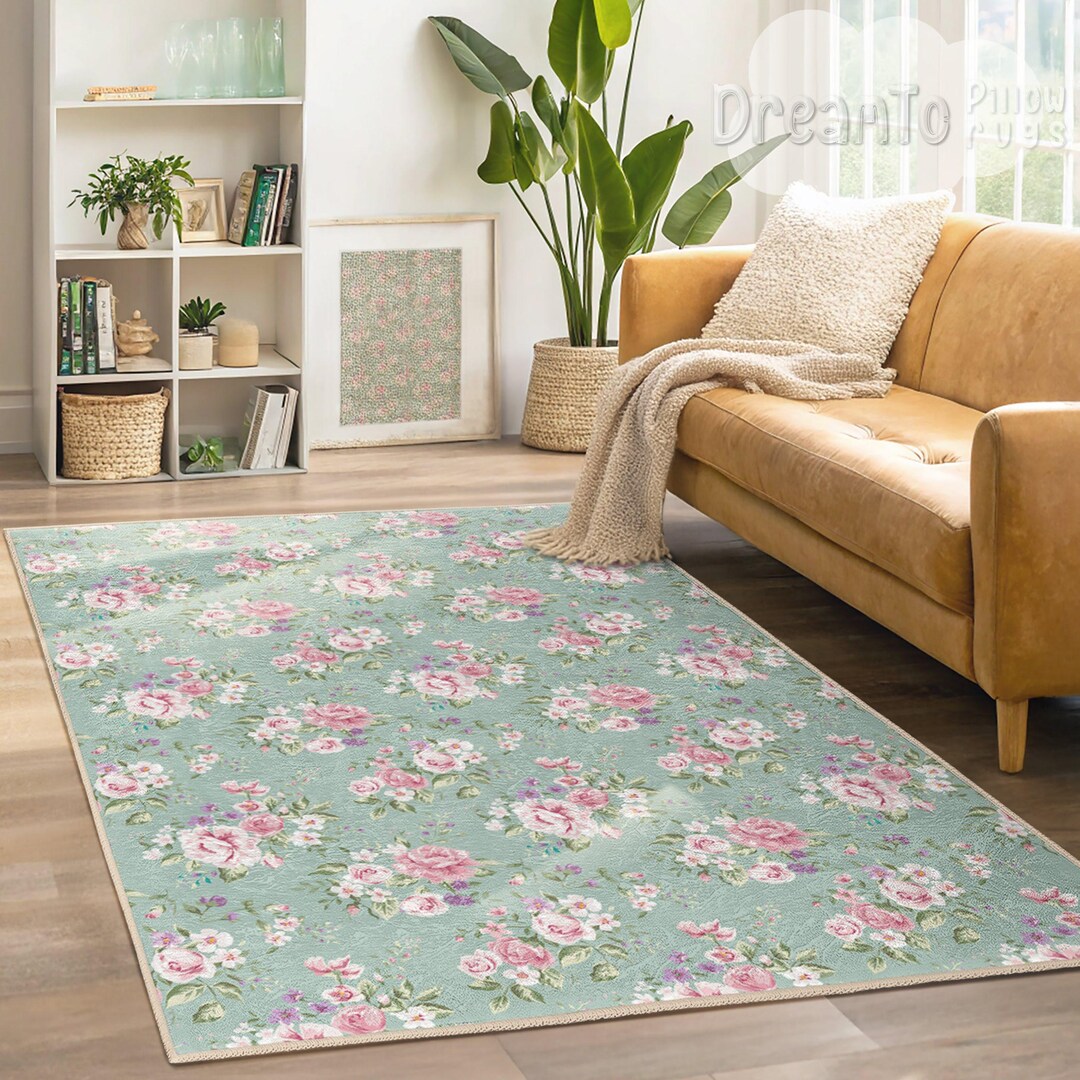 Elegant Floral Pink Roses Area Rug-shabby Chic Cottage Decor-sage Green ...