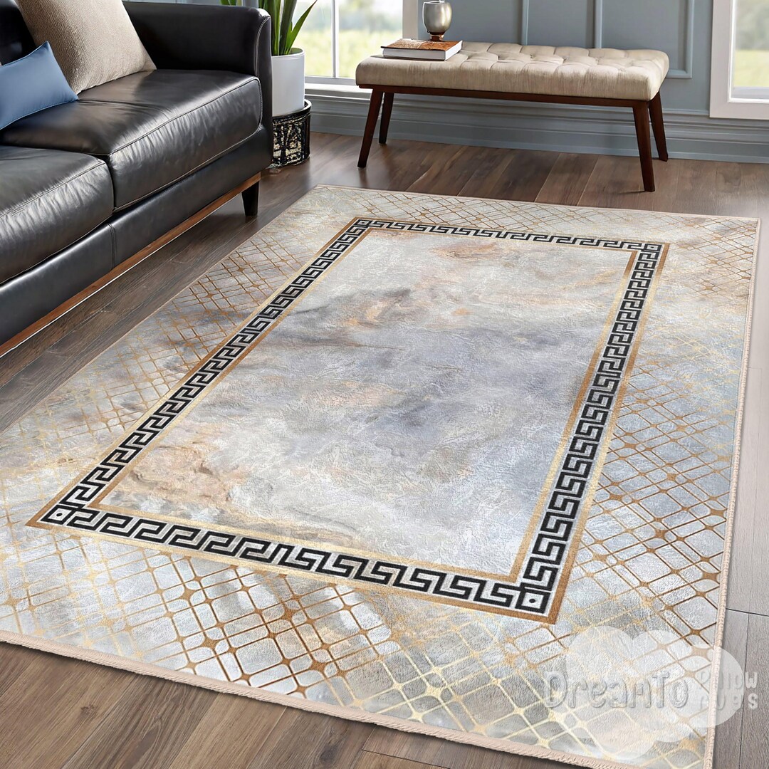 Greek Key Marble Gold Area Rug-elegant Swirled Beige Accent-neutral ...