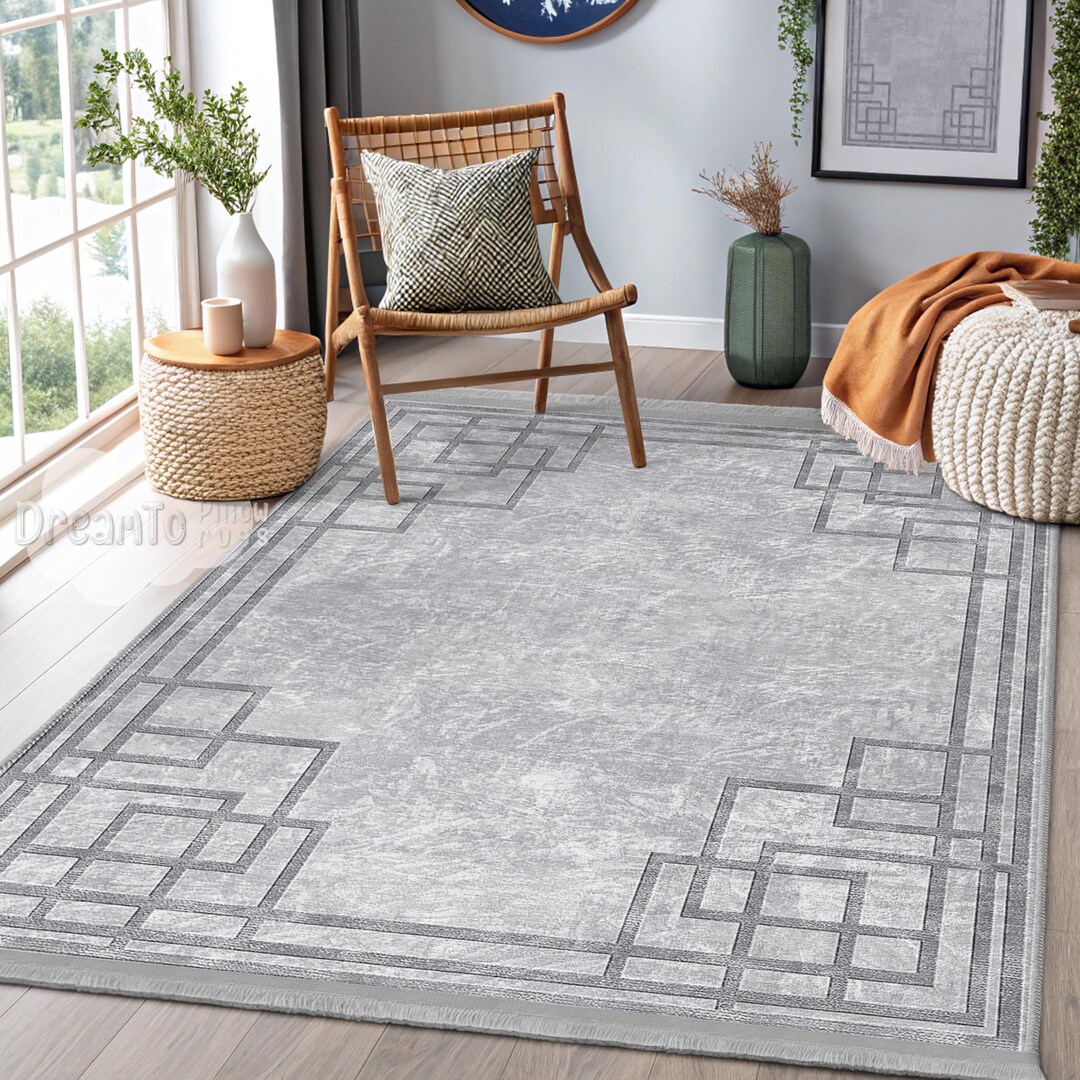 Rug Frameborder Geometric Gray Border Area Rug-modern Silver Minimalist Decor-elegant ...