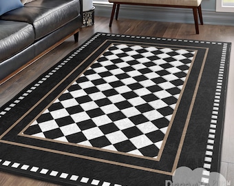 Checkered Diamond Black White Area Rug-Geometric Modern Border Accent Carpet-Elegant Chic Stylish Mat-Contrasting Harlequin Kitchen Runner