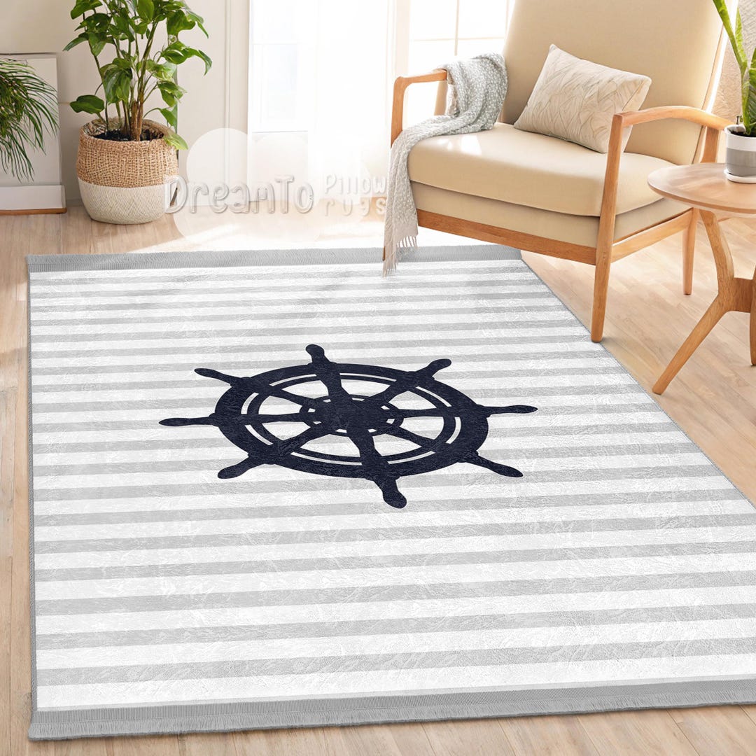 Nautical Ship Wheel Navy Blue Area Rug-striped Coastal Sailing Decor ...